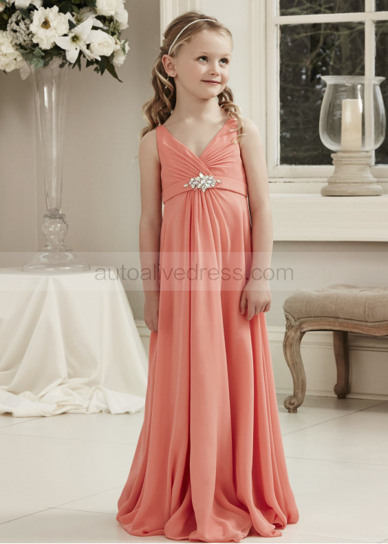 V Neckline Coral Chiffon Beaded Sash Floor Length Junior Bridesmaid Dress